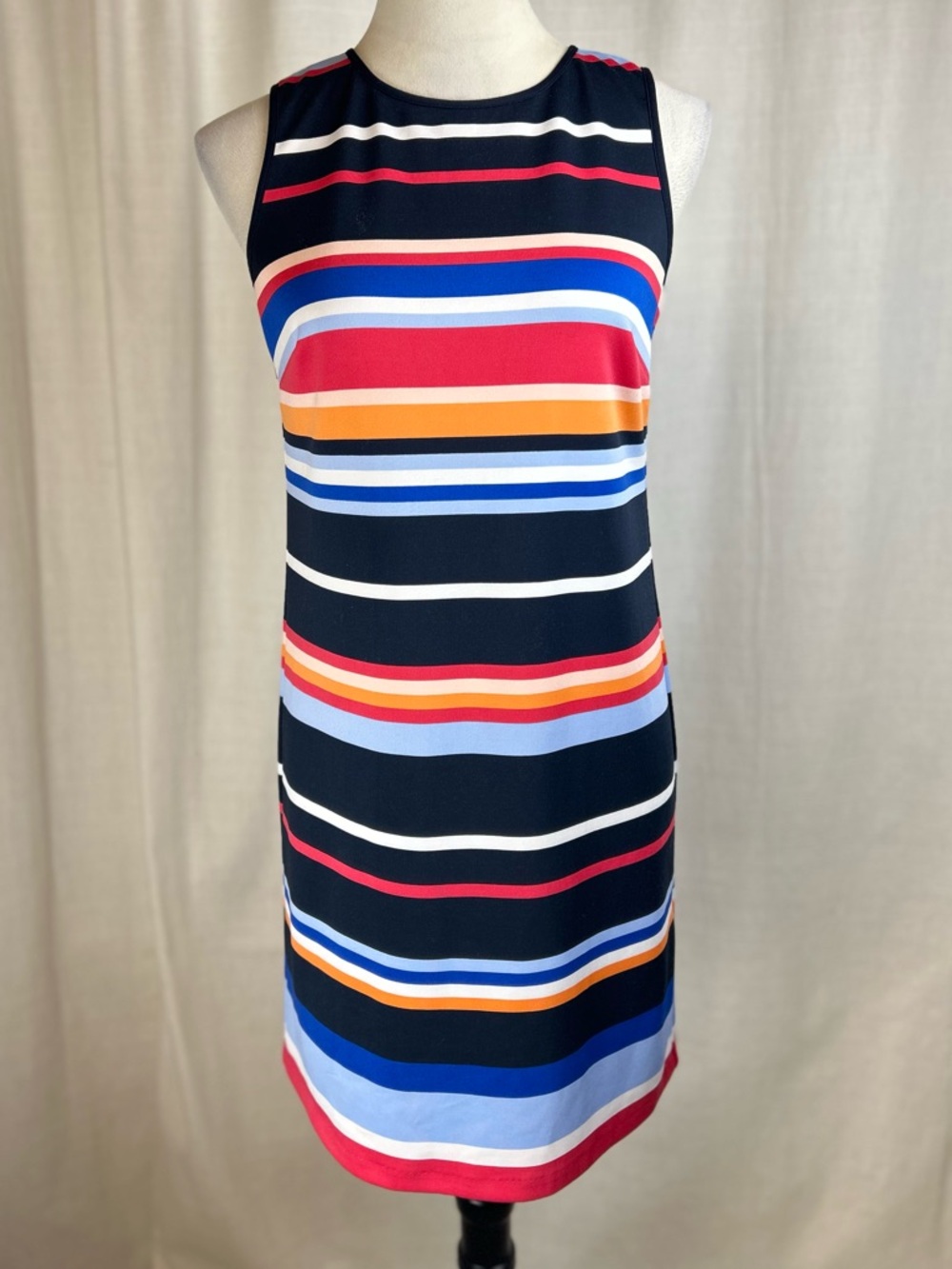 Maggy London Navy Multi-Color Striped Sleeveless Mini Dress